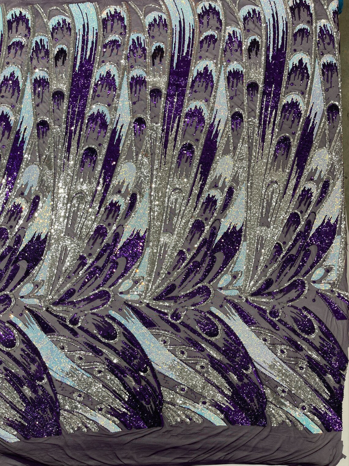 Multi-Color Sequins Design - Purple / Aqua / Silver - 4 Way Stretch Sequins Fabric By The Yard