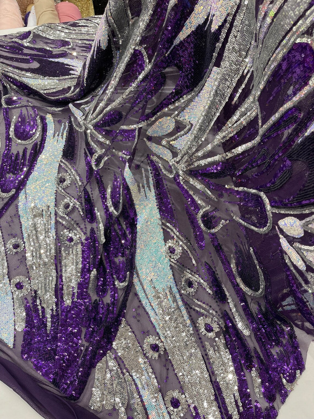 Multi-Color Sequins Design - Purple / Aqua / Silver - 4 Way Stretch Sequins Fabric By The Yard