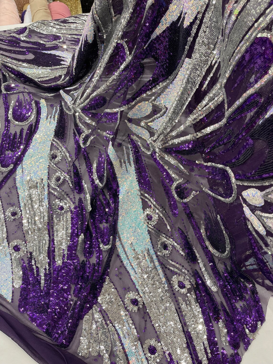 Multi-Color Sequins Design - Purple / Aqua / Silver - 4 Way Stretch Sequins Fabric By The Yard
