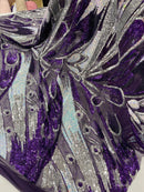 Multi-Color Sequins Design - Purple / Aqua / Silver - 4 Way Stretch Sequins Fabric By The Yard