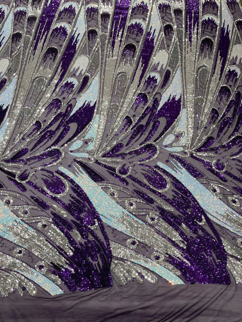 Multi-Color Sequins Design - Purple / Aqua / Silver - 4 Way Stretch Sequins Fabric By The Yard