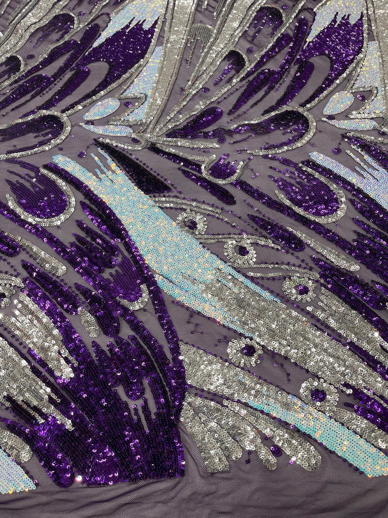 Multi-Color Sequins Design - Purple / Aqua / Silver - 4 Way Stretch Sequins Fabric By The Yard