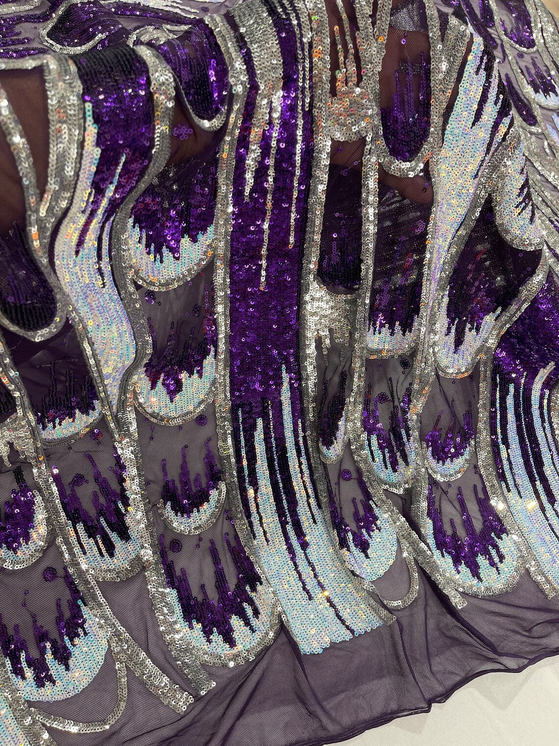 Multi-Color Sequins Design - Purple / Aqua / Silver - 4 Way Stretch Sequins Fabric By The Yard