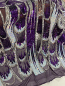 Multi-Color Sequins Design - Purple / Aqua / Silver - 4 Way Stretch Sequins Fabric By The Yard