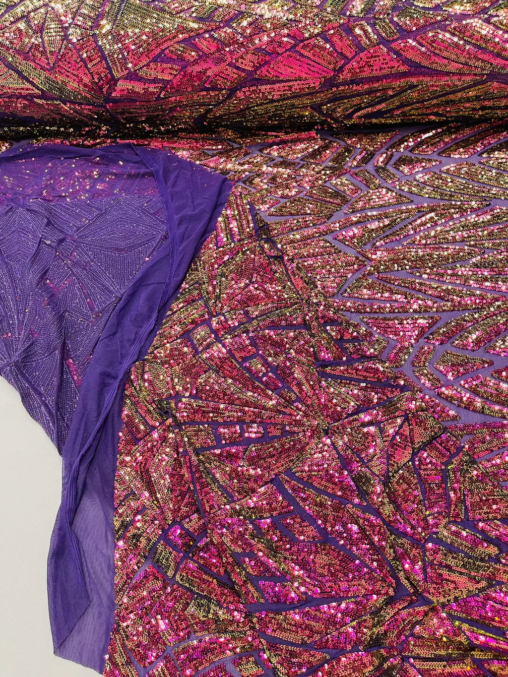 Magenta Purple Gold Sequins Fabric On Black Mesh 4 Way Stretch Geometric Design By The Yard