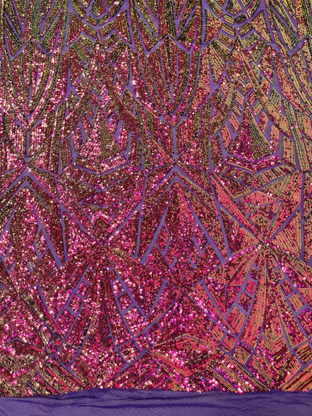 Magenta Purple Gold Sequins Fabric On Black Mesh 4 Way Stretch Geometric Design By The Yard