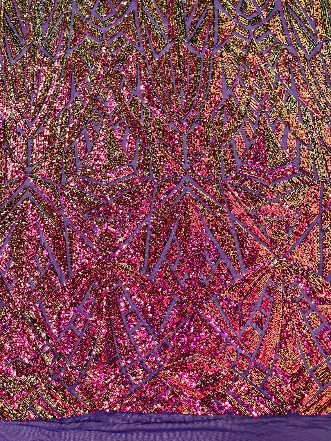 Magenta Purple Gold Sequins Fabric On Black Mesh 4 Way Stretch Geometric Design By The Yard