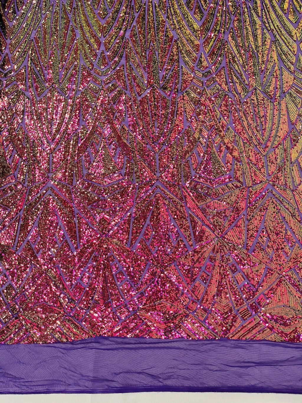 Magenta Purple Gold Sequins Fabric On Black Mesh 4 Way Stretch Geometric Design By The Yard