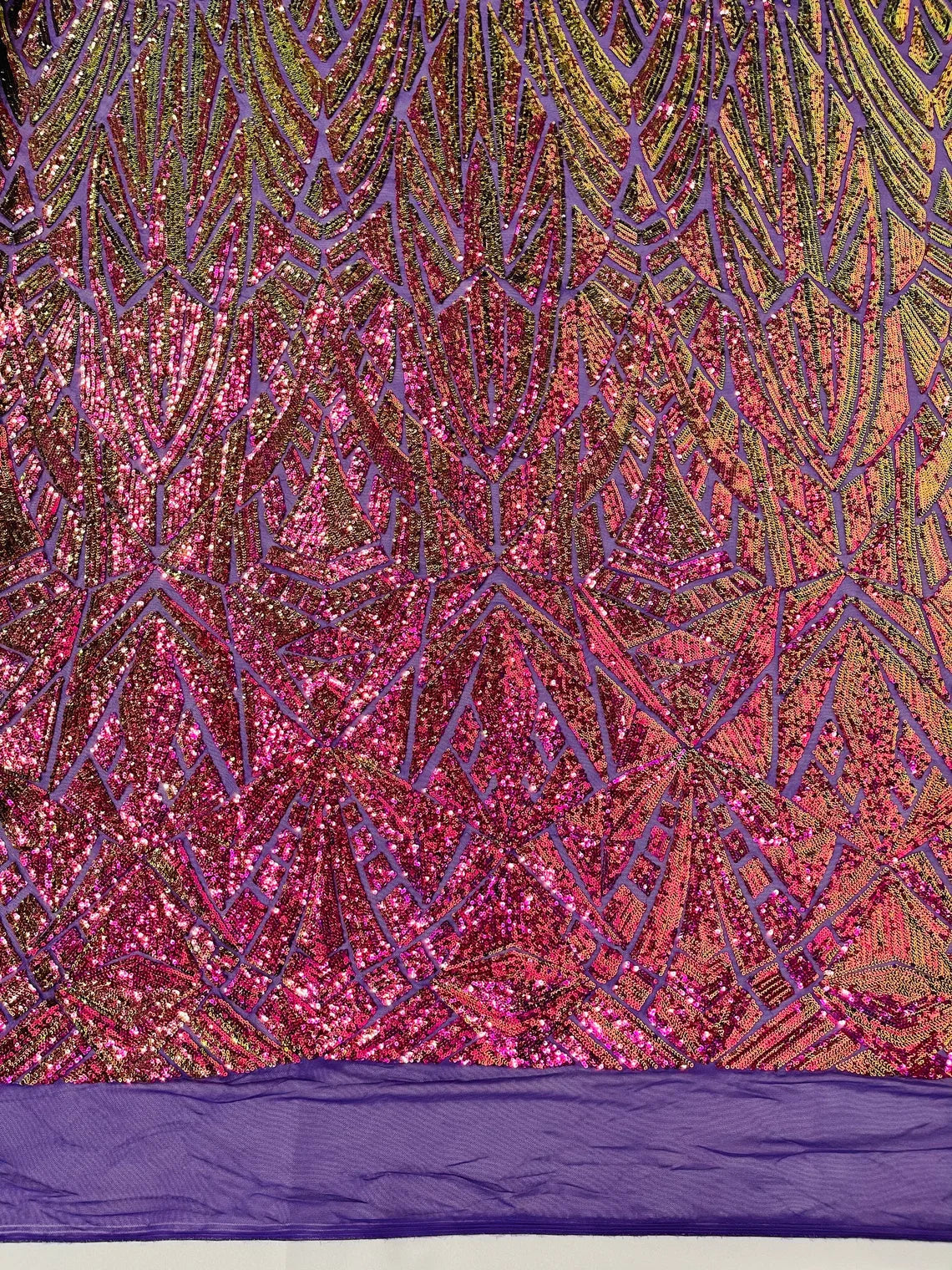Magenta Purple Gold Sequins Fabric On Black Mesh 4 Way Stretch Geometric Design By The Yard