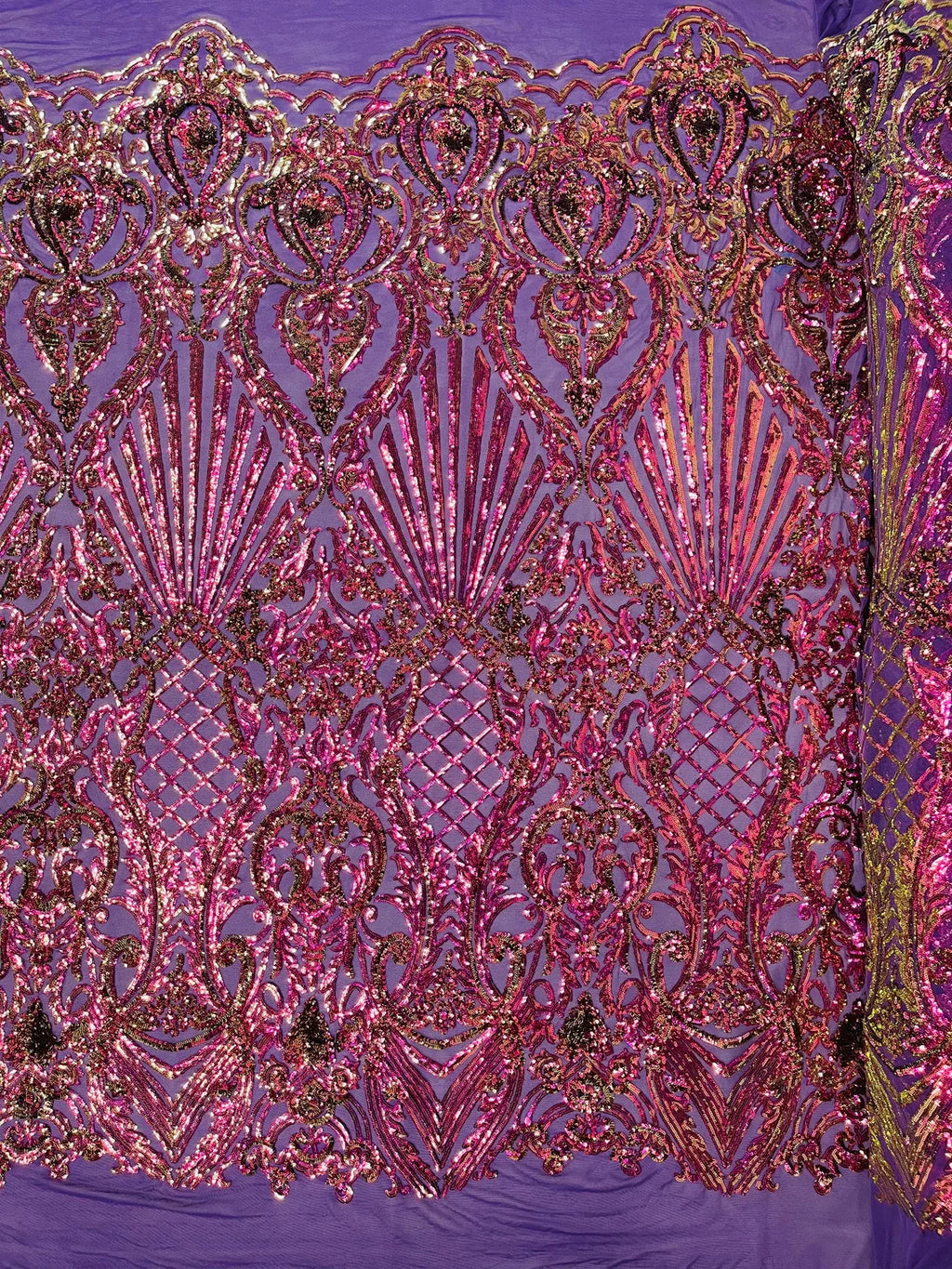 Damask Geometric Sequins - Purple Iridescent - 4 Way Stretch Sequins Damask Pattern Design Sold By Yard