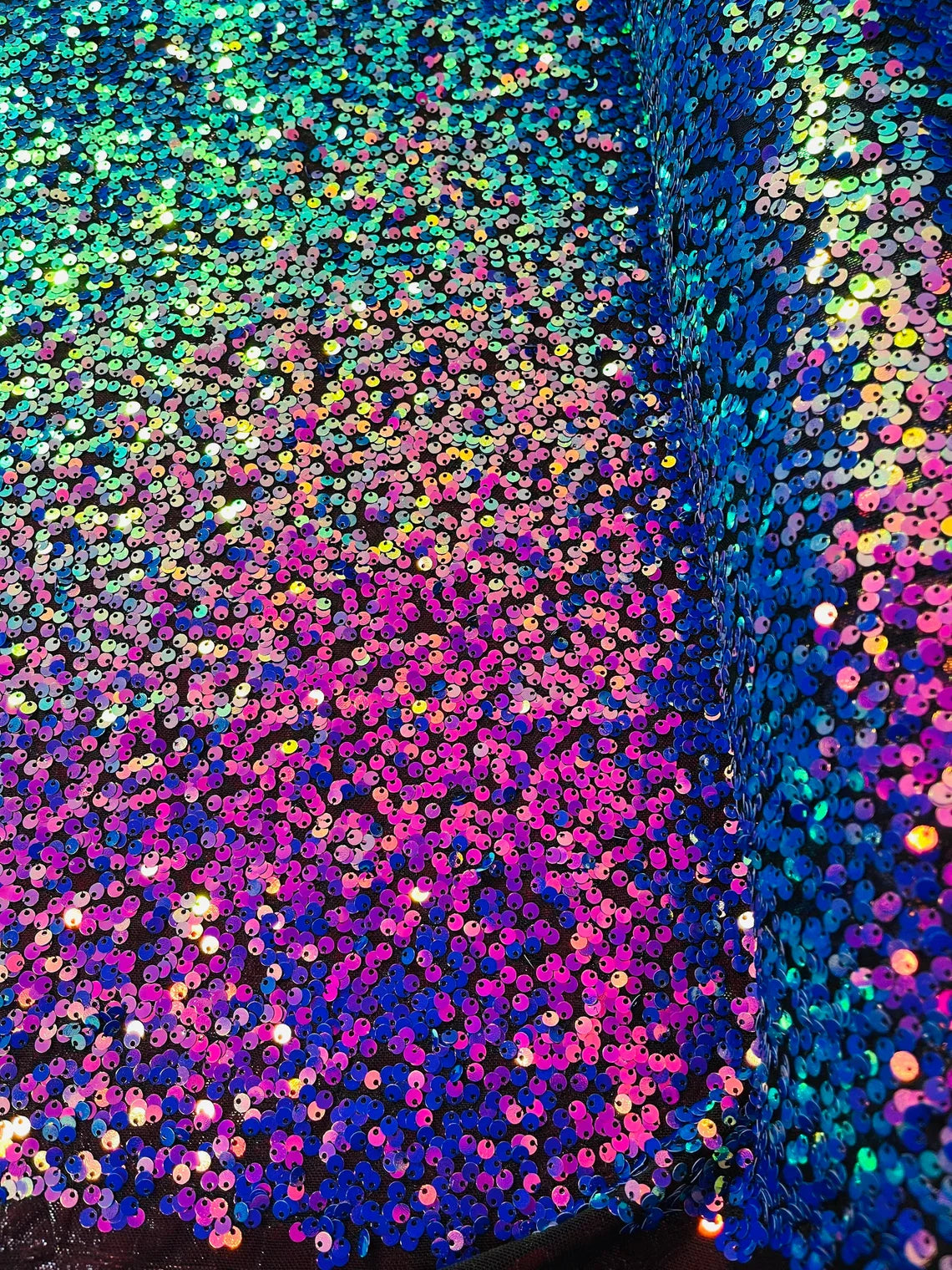Multi-Color Sequins Mesh - Purple Iridescent - Shiny Sequins Design on Spandex Mesh Fabric By Yard