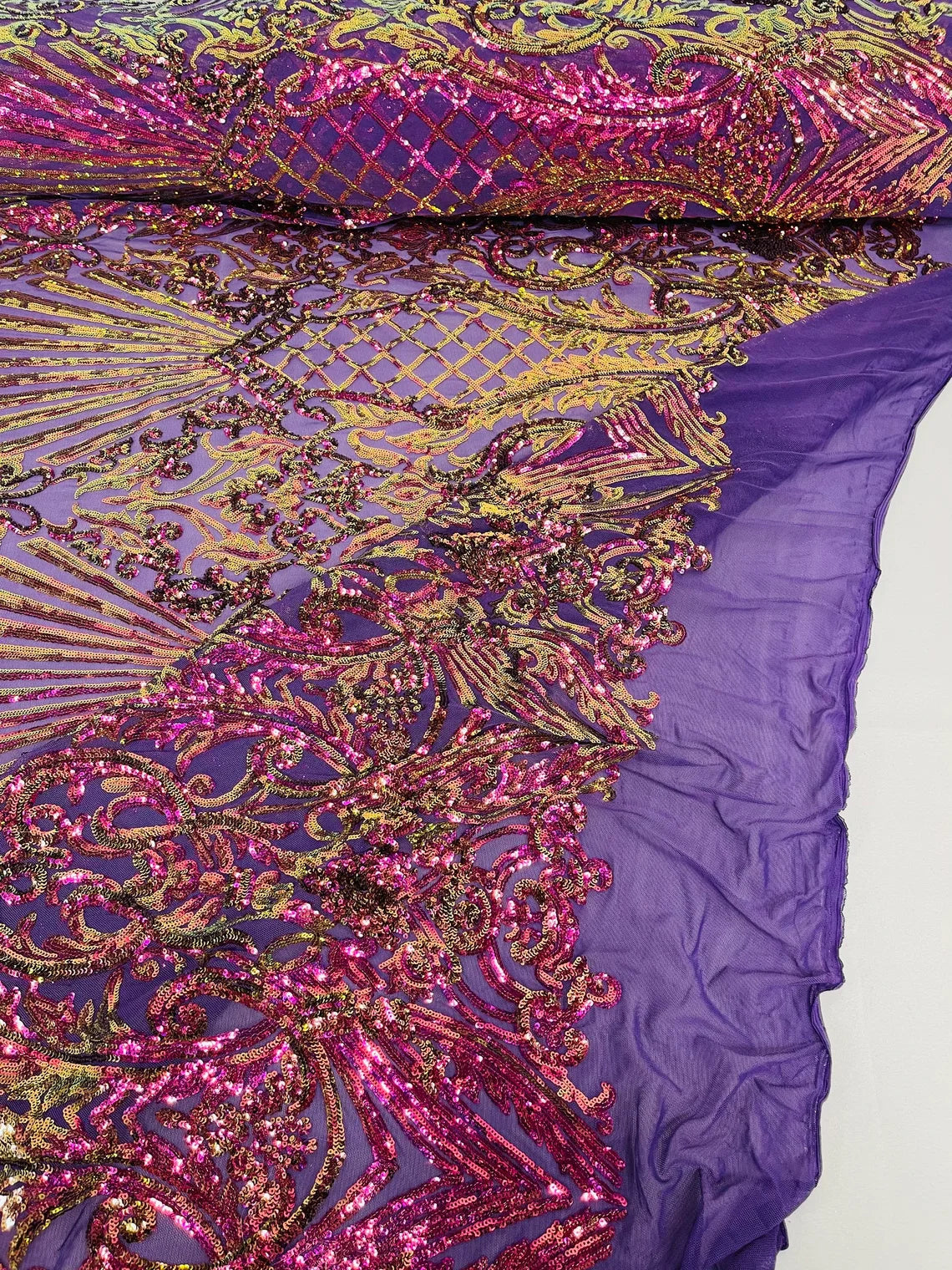 Damask Geometric Sequins - Purple Iridescent - 4 Way Stretch Sequins Damask Pattern Design Sold By Yard