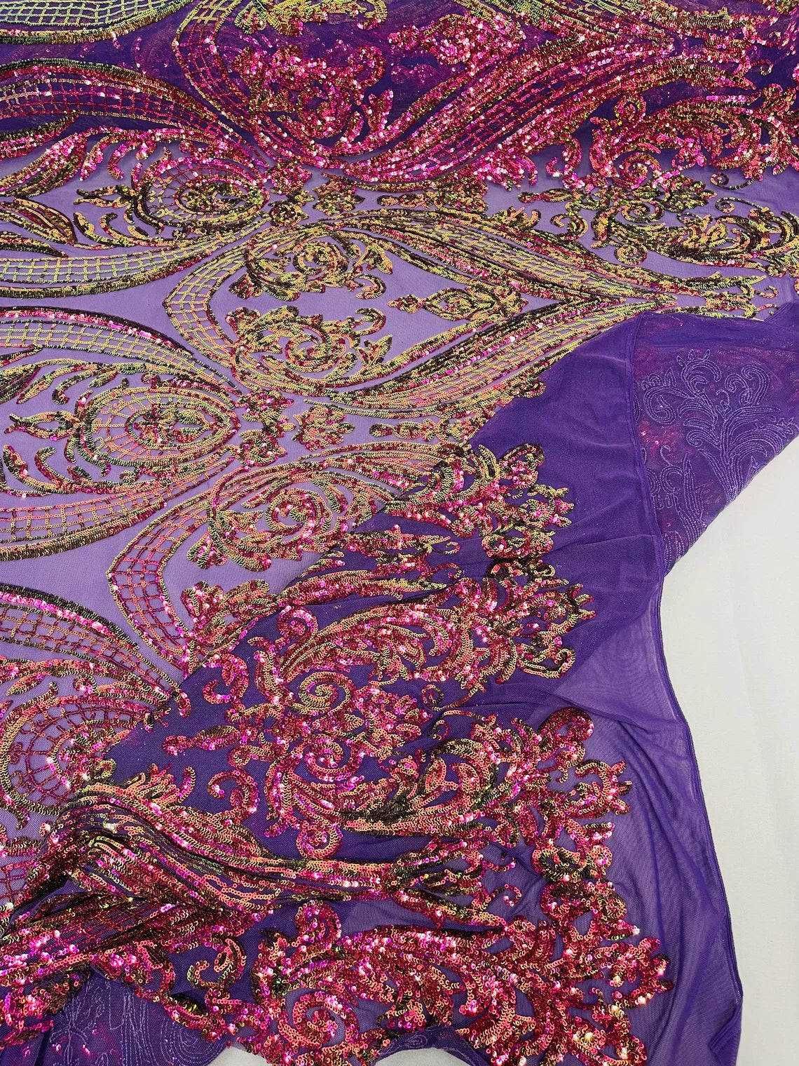 Big Damask Sequins Fabric - Purple Iridescent - 4 Way Stretch Damask Sequins Design Fabric By Yard