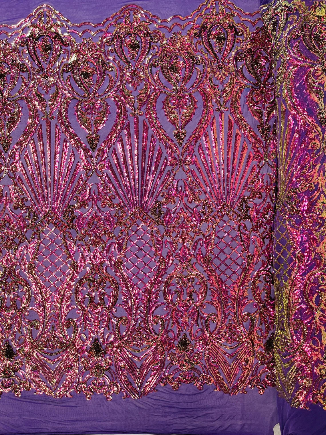 Damask Geometric Sequins - Purple Iridescent - 4 Way Stretch Sequins Damask Pattern Design Sold By Yard