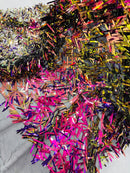 Sword Large Shiny Sequins - Purple Iridescent on Black - Hanging Iridescent Sequins On Lace Fabric By Yard