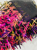 Sword Large Shiny Sequins - Purple Iridescent on Black - Hanging Iridescent Sequins On Lace Fabric By Yard