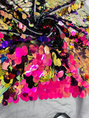 Jumbo Oval Sequins - Purple Iridescent on Black - Paillette Big Oval Sequins Design Fabric By Yard