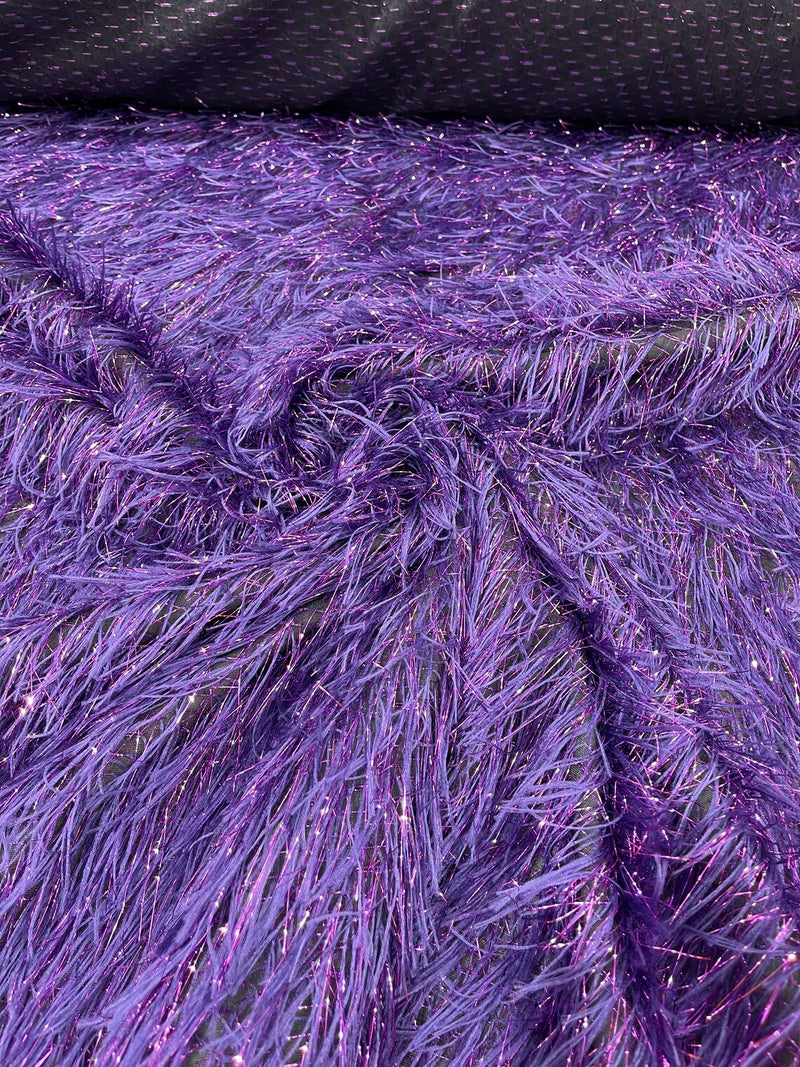 Metallic Eyelash Fabric - Purple on Black - Feather/Eyelash/Fringe Design on Mesh By Yard