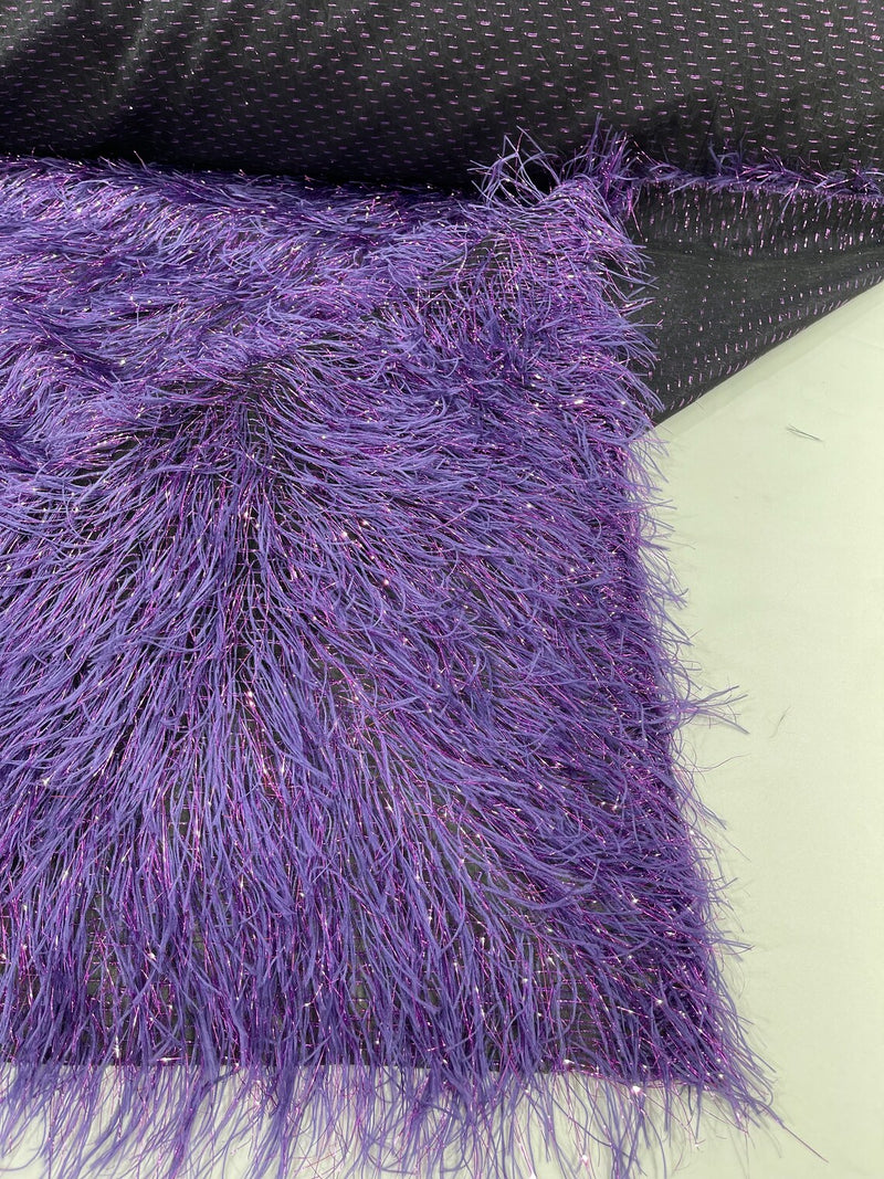 Metallic Eyelash Fabric - Purple on Black - Feather/Eyelash/Fringe Design on Mesh By Yard