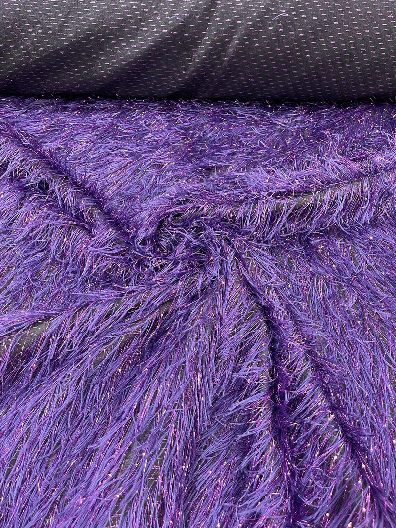Metallic Eyelash Fabric - Purple on Black - Feather/Eyelash/Fringe Design on Mesh By Yard