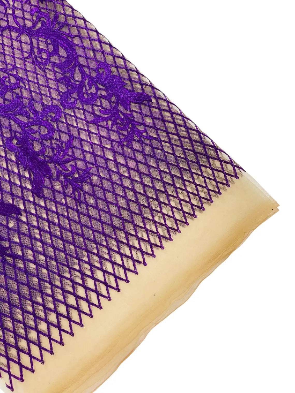 Damask on Net Lace Fabric - Purple on Skin - Embroidered Lace Mesh Damask Design Fabric by Yard