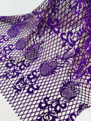 Damask on Net Lace Fabric - Purple on Skin - Embroidered Lace Mesh Damask Design Fabric by Yard