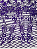 Damask on Net Lace Fabric - Purple on Skin - Embroidered Lace Mesh Damask Design Fabric by Yard