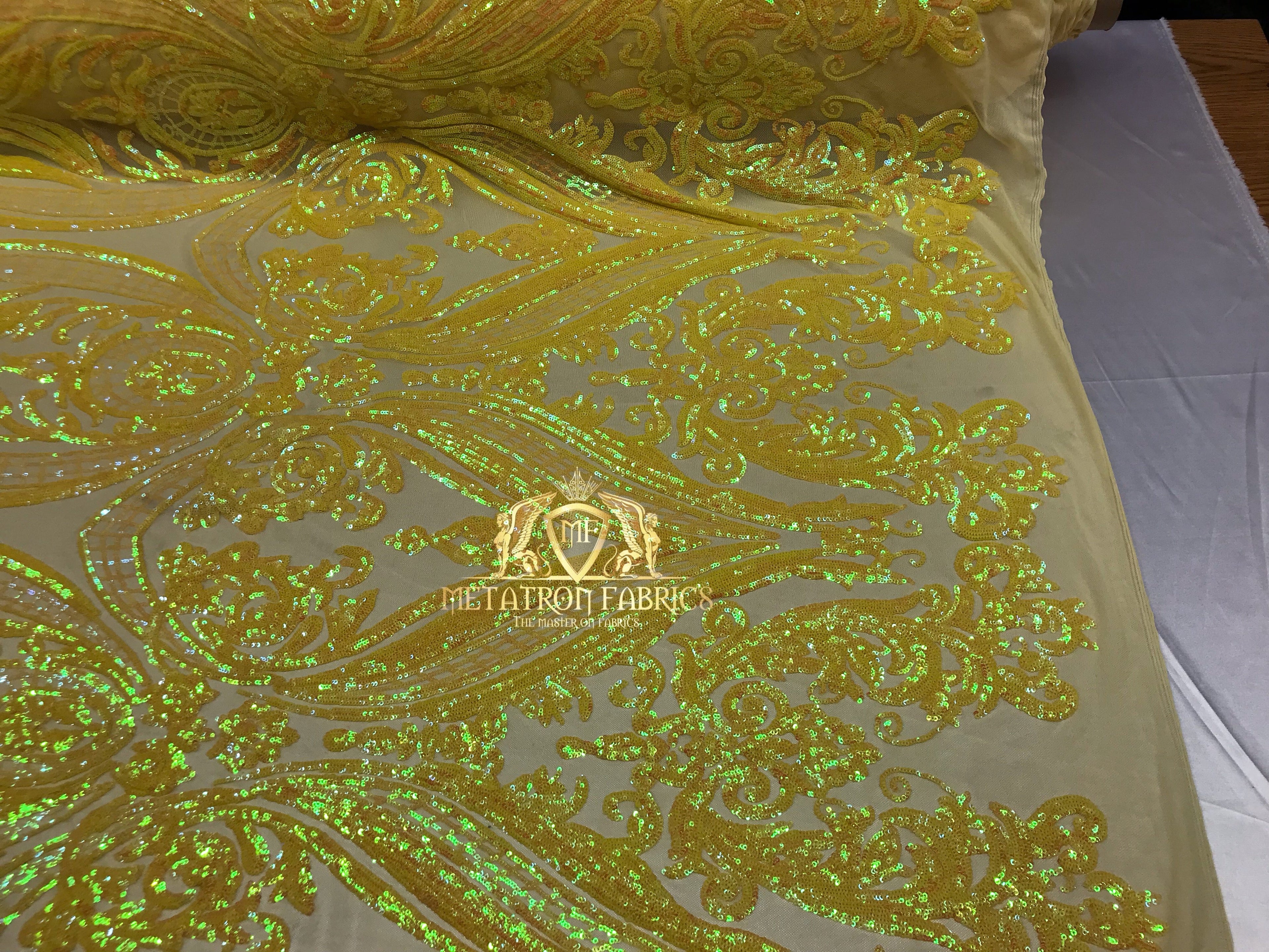 Big Damask Sequins Fabric - Yellow - 4 Way Stretch Damask Sequins Design Fabric By Yard