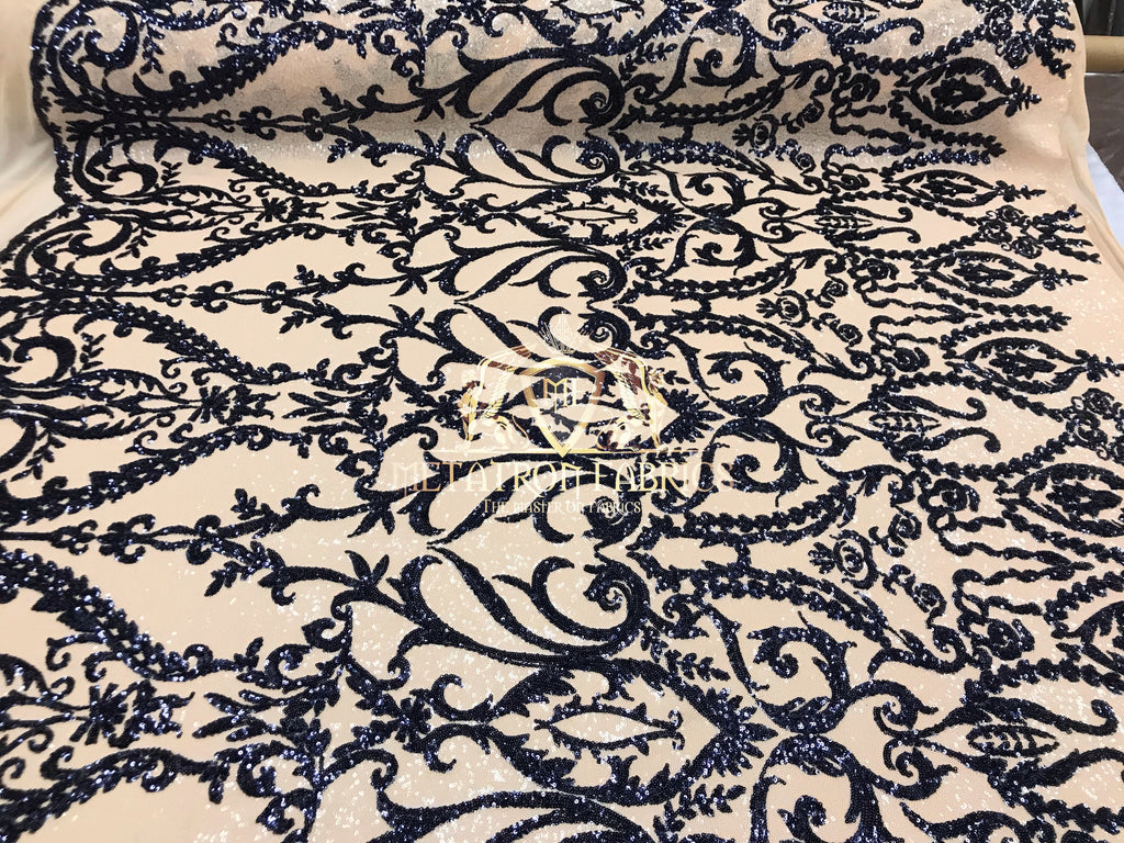 Two Tone Sequins - Navy / Nude - 4 Way Stretch Fancy Design Mesh Fabric Sold By The Yard