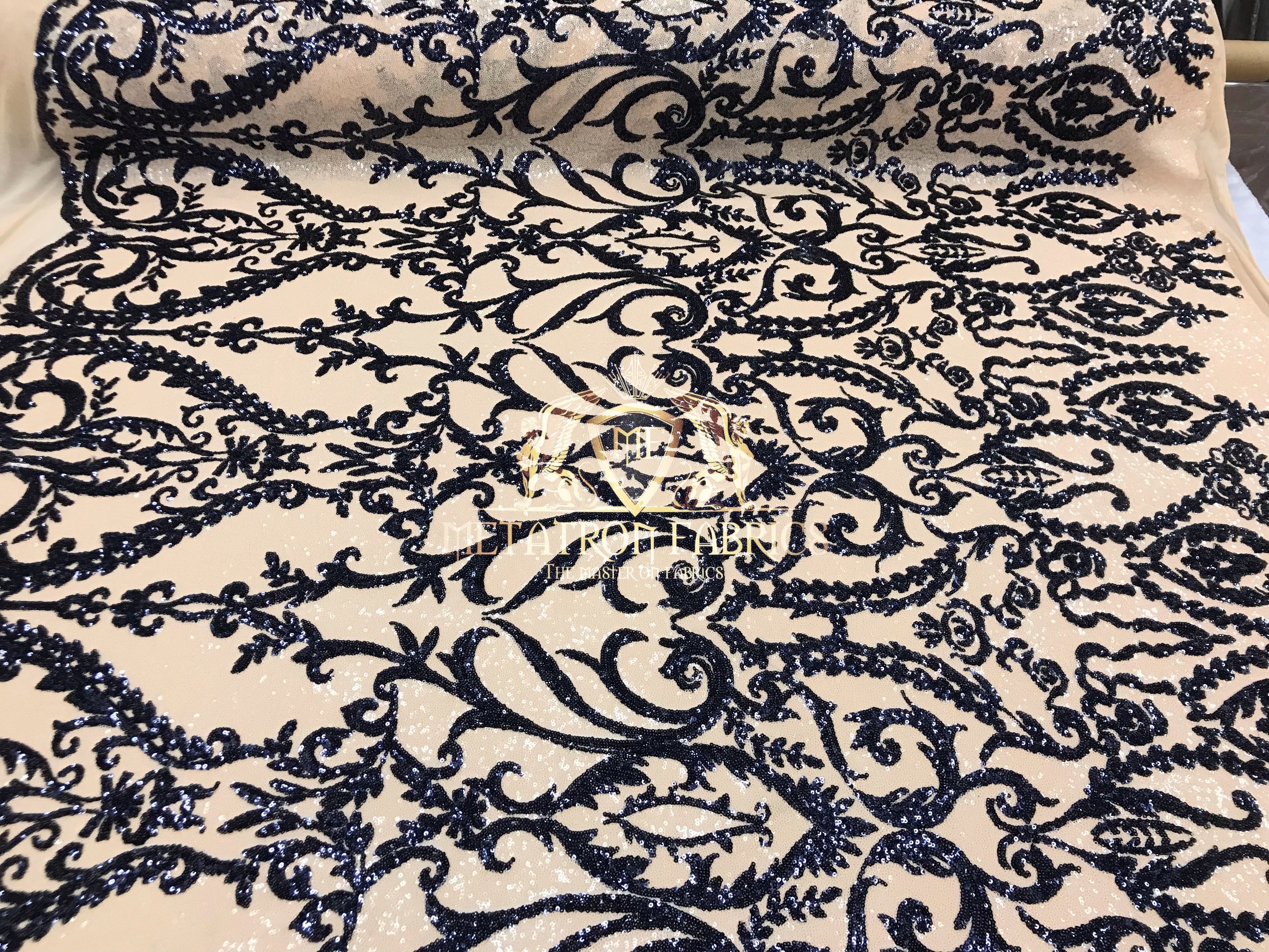 Two Tone Sequins - Navy / Nude - 4 Way Stretch Fancy Design Mesh Fabric Sold By The Yard