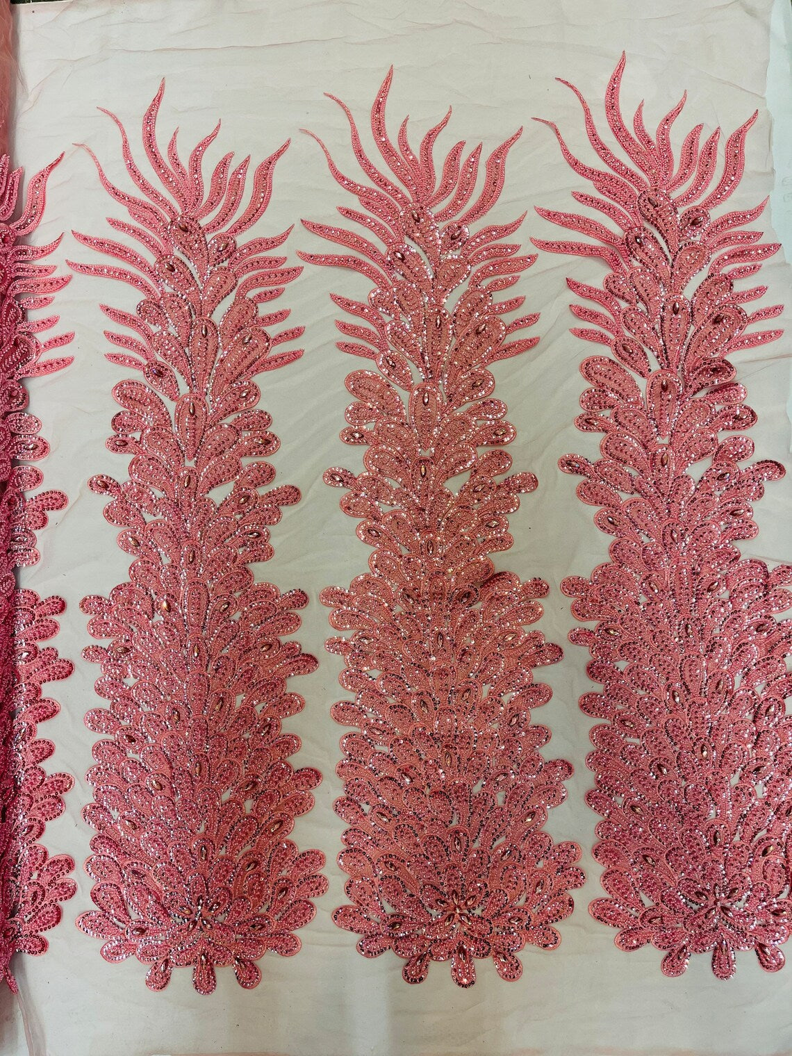 3D Beaded Peacock Feathers - Pink - Vegas Design Embroidered Sequins and Beads On a Mesh Lace Fabric (Choose The Panels)