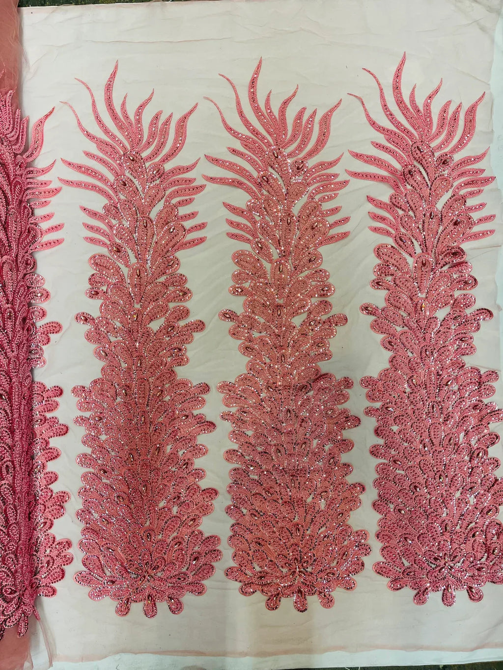 3D Beaded Peacock Feathers - Pink - Vegas Design Embroidered Sequins and Beads On a Mesh Lace Fabric (Choose The Panels)