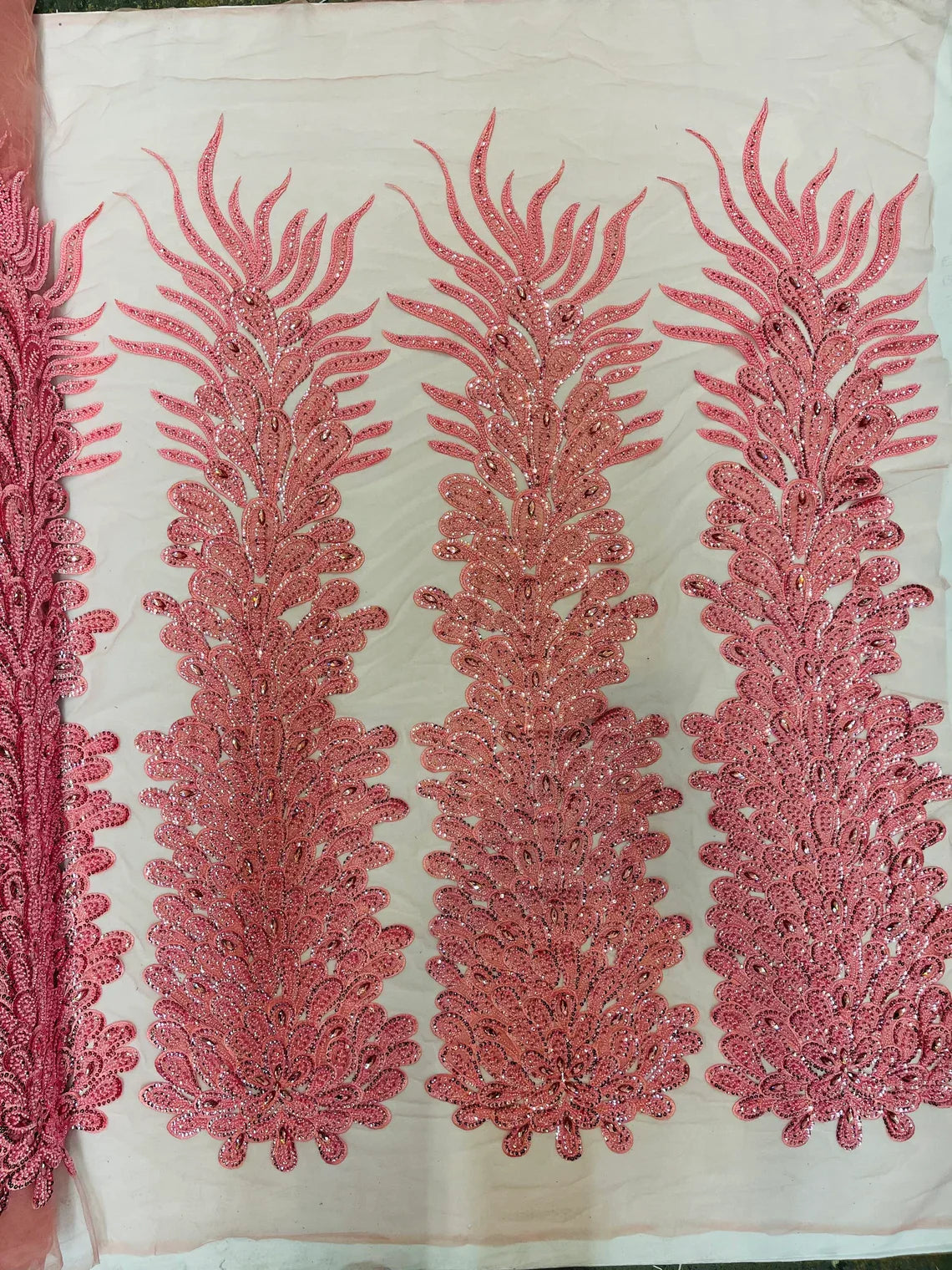 3D Beaded Peacock Feathers - Pink - Vegas Design Embroidered Sequins and Beads On a Mesh Lace Fabric (Choose The Panels)