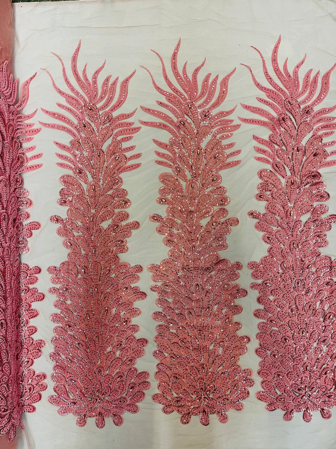 3D Beaded Peacock Feathers - Pink - Vegas Design Embroidered Sequins and Beads On a Mesh Lace Fabric (Choose The Panels)