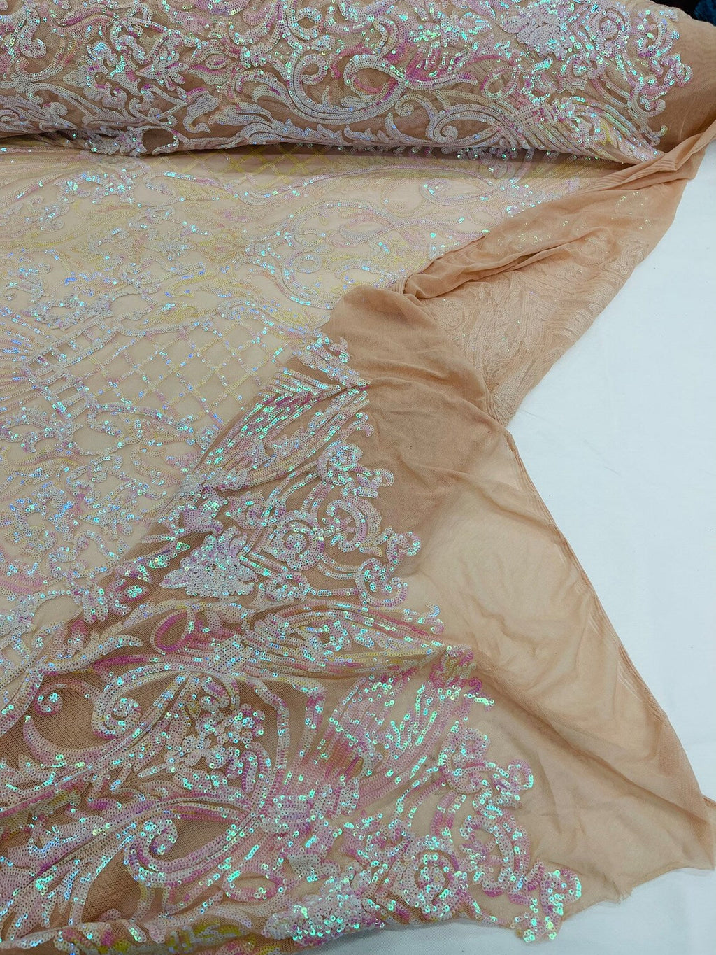 Damask Geometric Sequins - Pink Iridescent on Nude - 4 Way Stretch Sequins Damask Pattern Design Sold By Yard