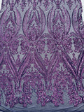 Big Damask Sequins Fabric - Purple - 4 Way Stretch Damask Sequins Design Fabric By Yard