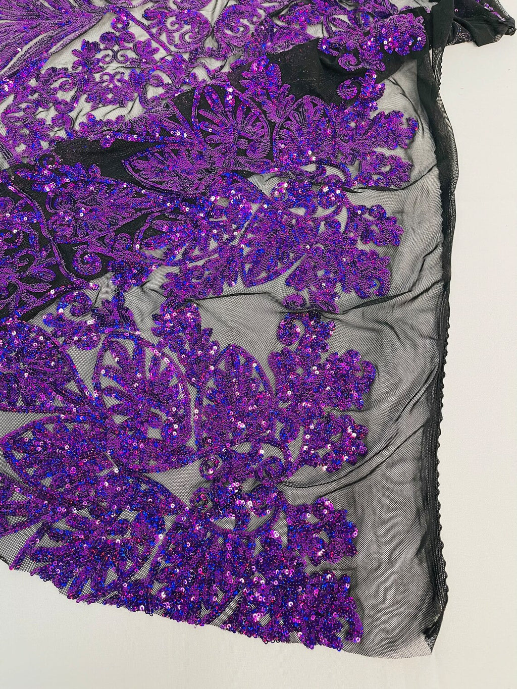 Damask Heart Design - Purple Holographic on Black - Damask with Heart Design Sequins on Mesh By Yard