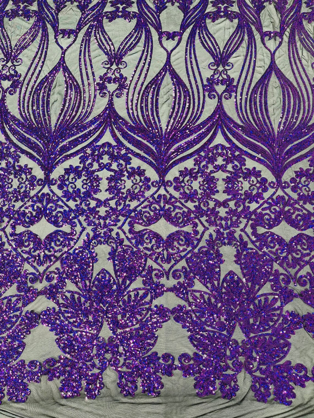 Damask Heart Design - Purple Holographic on Black - Damask with Heart Design Sequins on Mesh By Yard