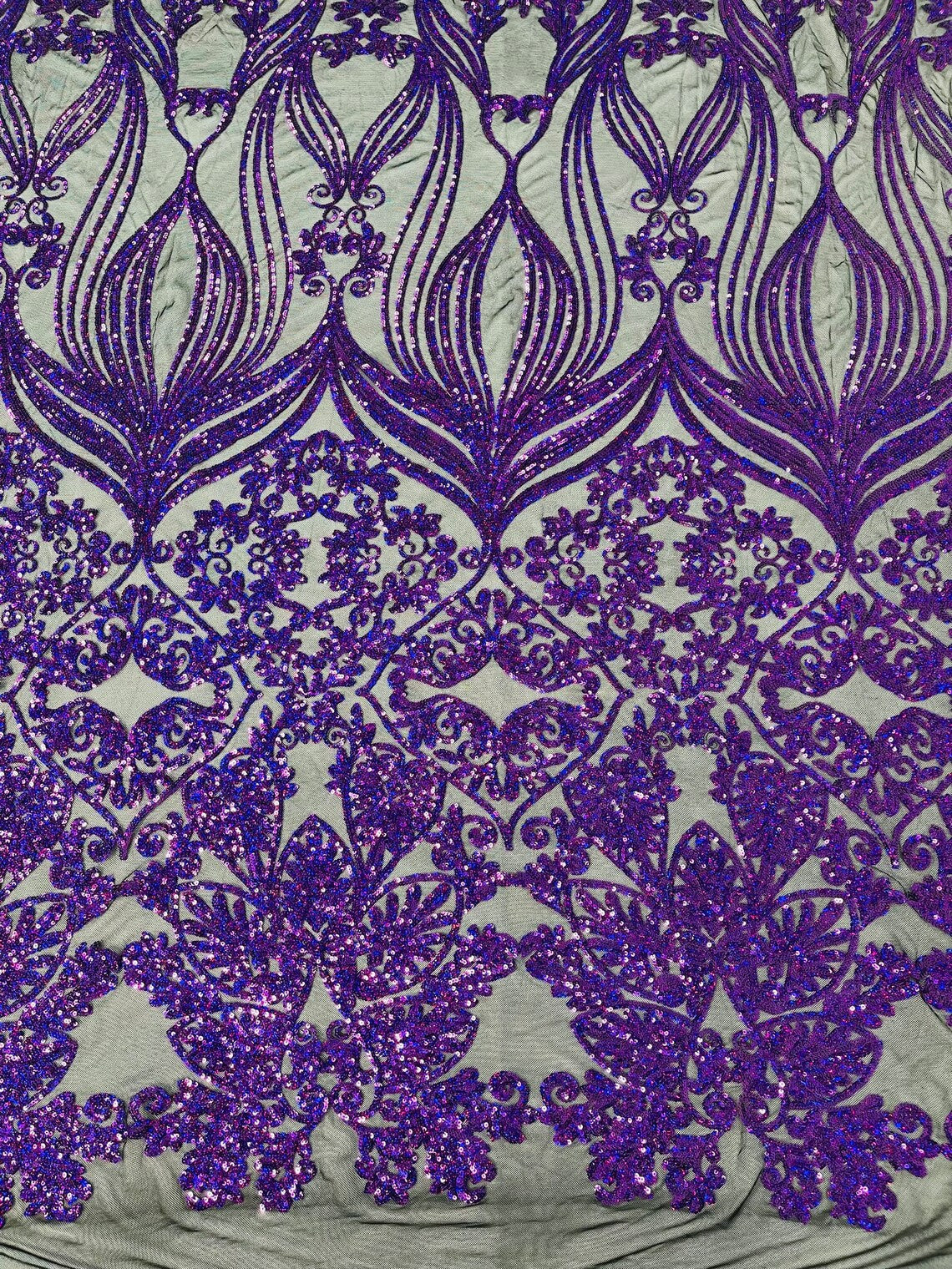 Damask Heart Design - Purple Holographic on Black - Damask with Heart Design Sequins on Mesh By Yard