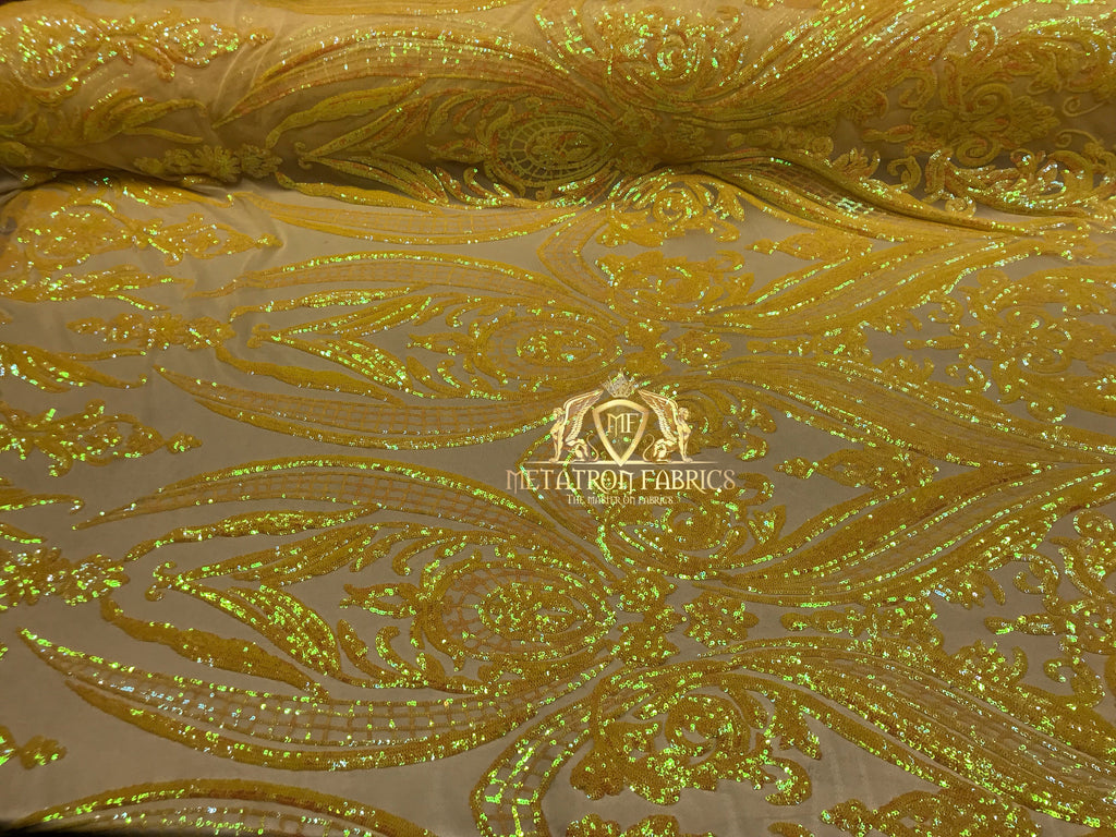Big Damask Sequins Fabric - Yellow - 4 Way Stretch Damask Sequins Design Fabric By Yard