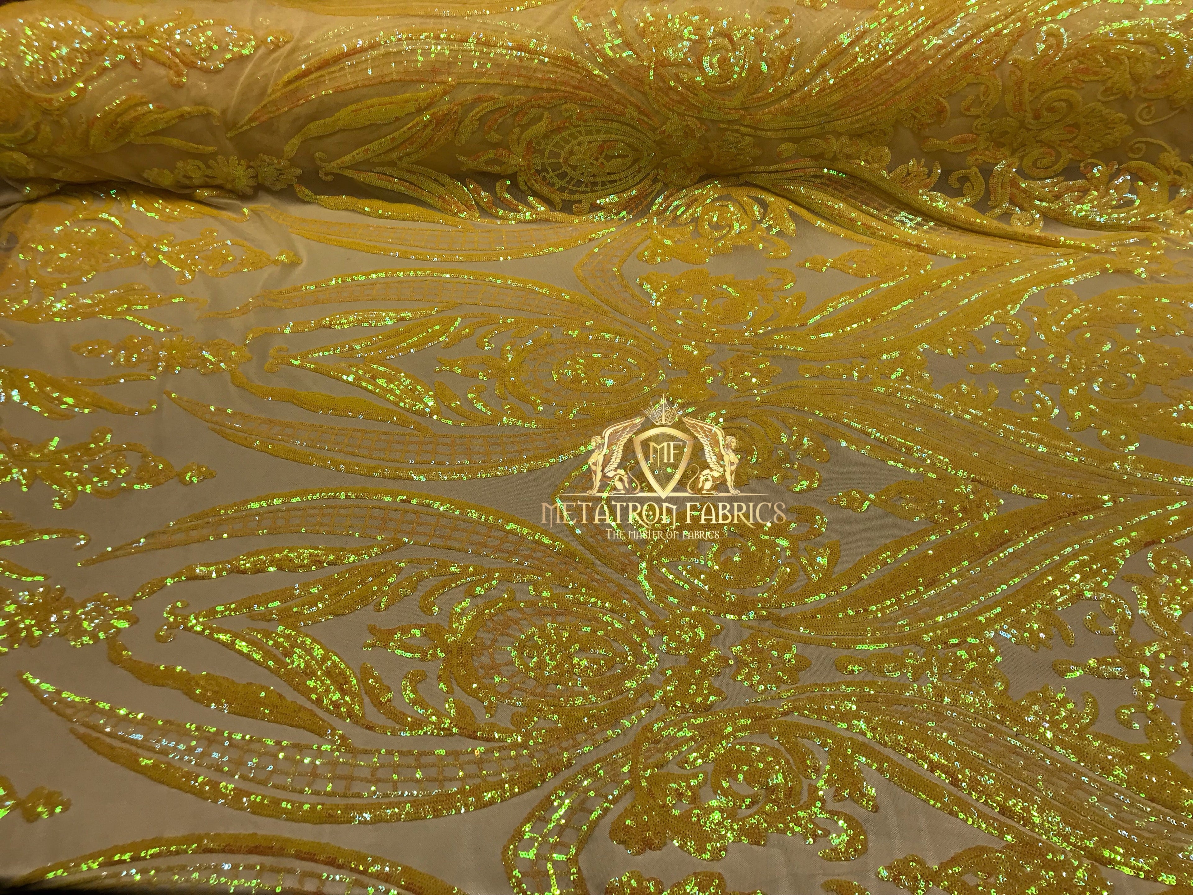 Big Damask Sequins Fabric - Yellow - 4 Way Stretch Damask Sequins Design Fabric By Yard