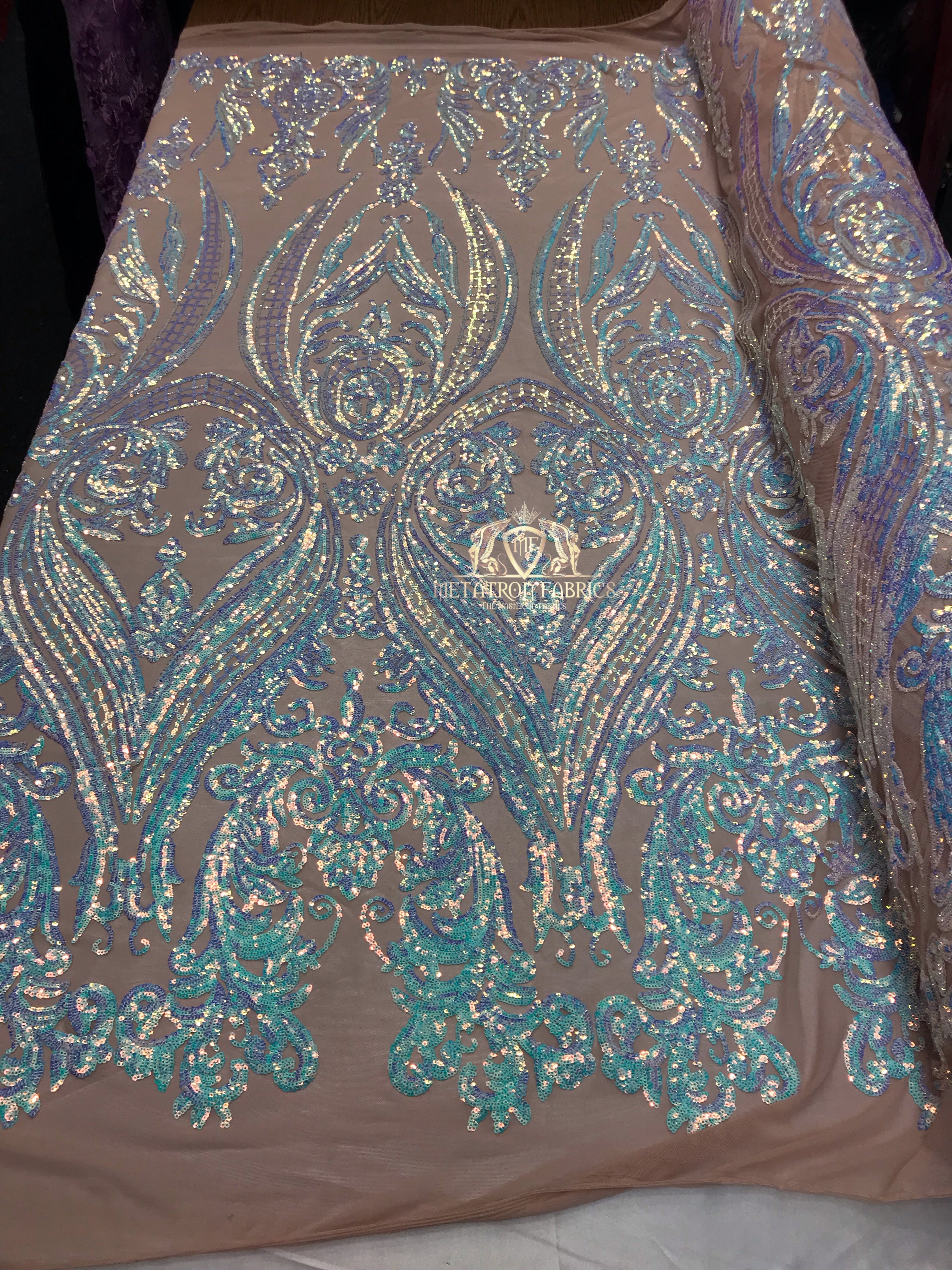 Big Damask Sequins Fabric - Iridescent Aqua - 4 Way Stretch Damask Sequins Design Fabric By Yard