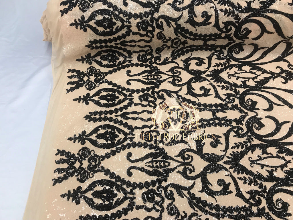 Two Tone Sequins - Nude / Black - 4 Way Stretch Fancy Sequins Design Mesh Fabric Sold By The Yard