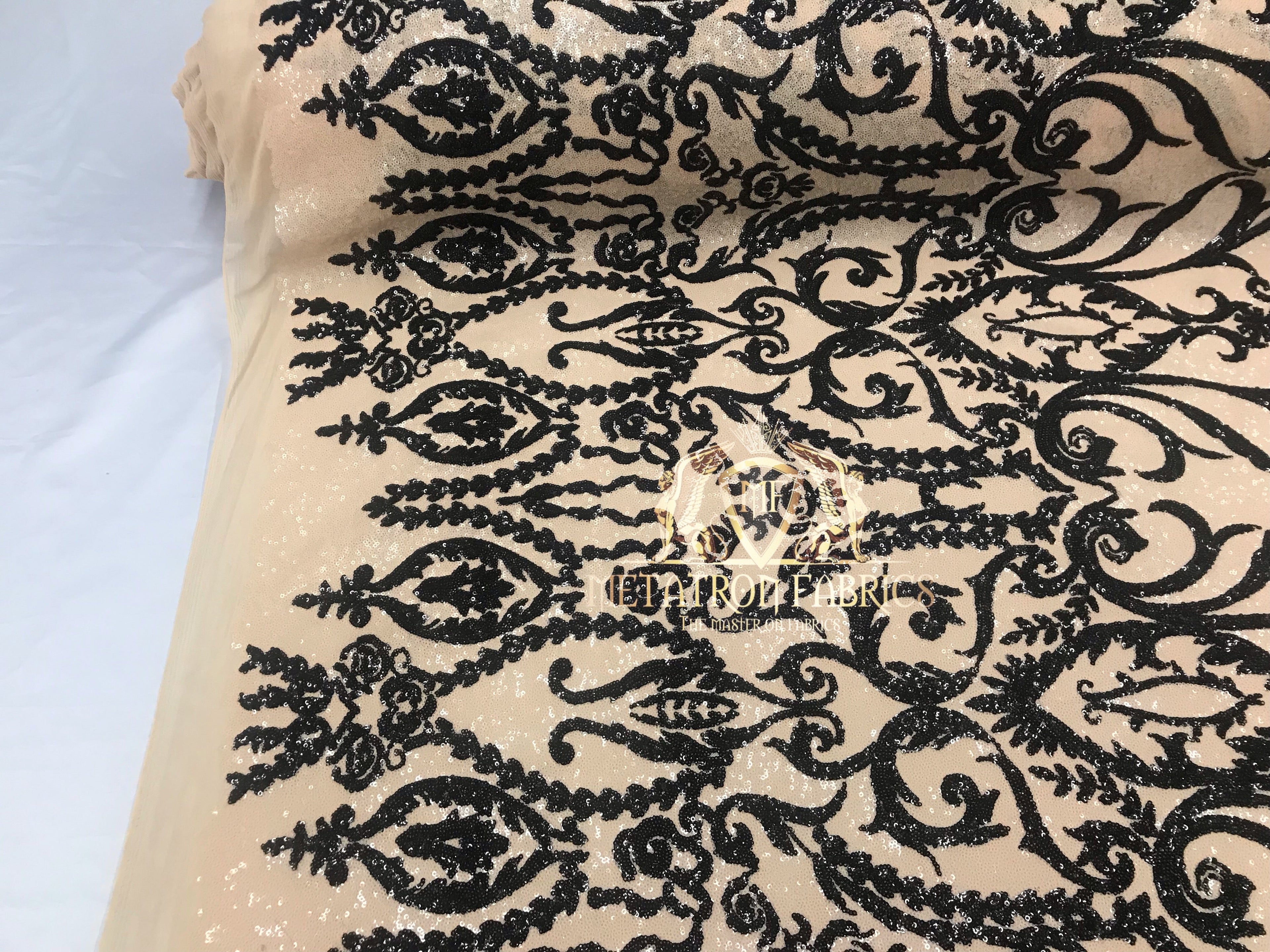 Two Tone Sequins - Nude / Black - 4 Way Stretch Fancy Sequins Design Mesh Fabric Sold By The Yard