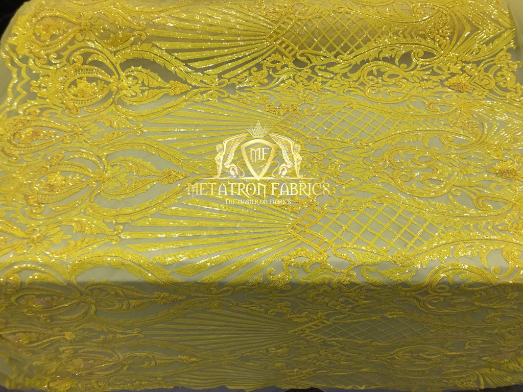 Sequins - Yellow - 4 Way Stretch Damask Design Fabric On Stretch Mesh By The Yard