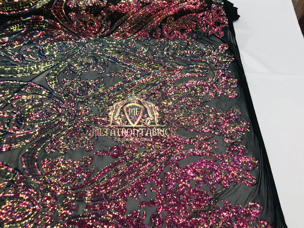 Iridescent - Rainbow - Sequins 4 Way Stretch Fabric Embroidered On Mesh Sold By The Yard