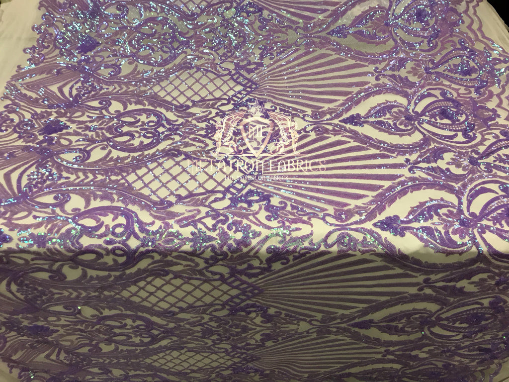 Iridescent Sequins - Lilac - 4 Way Stretch Damask Design Fabric On Stretch Mesh By The Yard