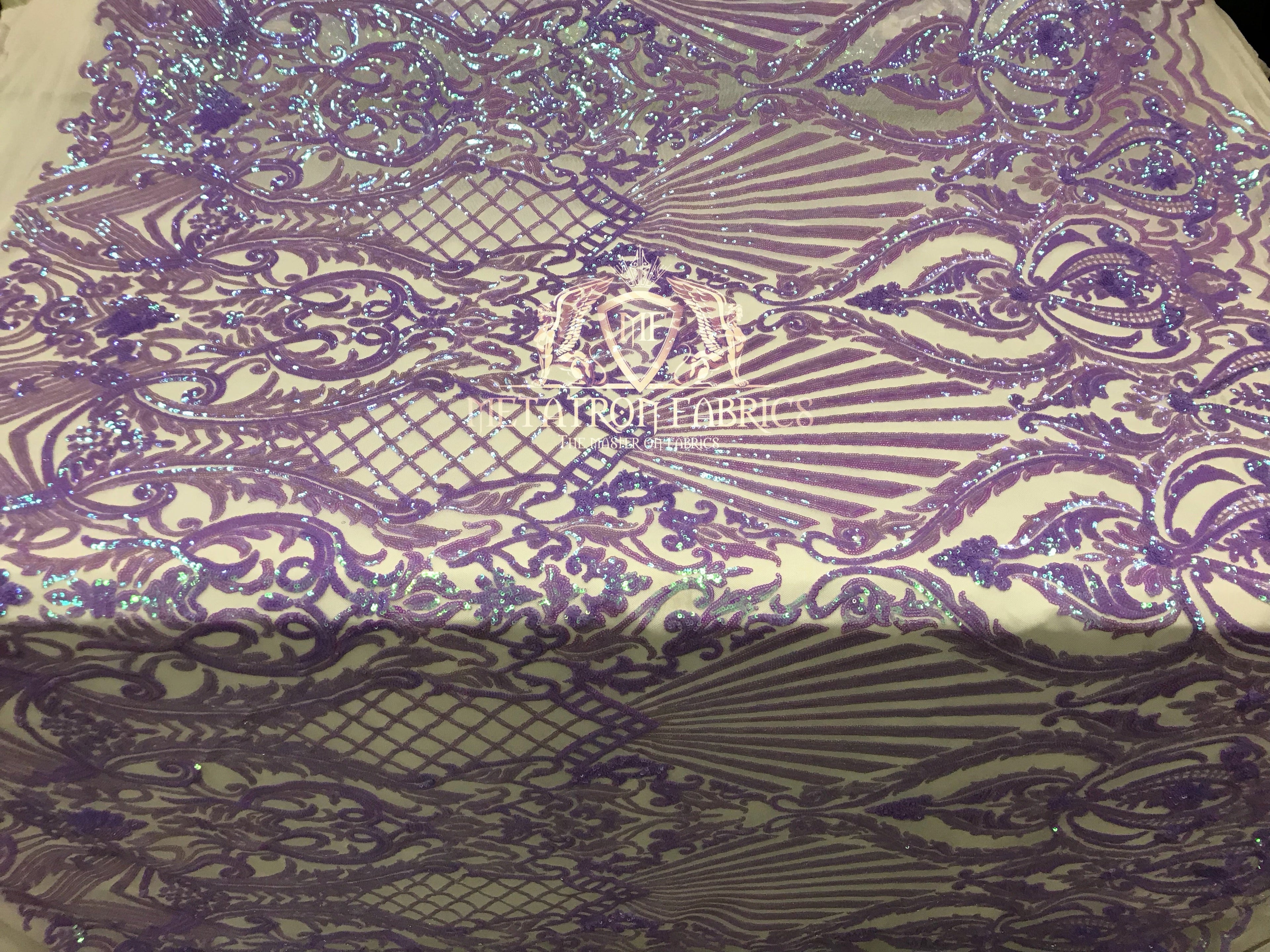 Iridescent Sequins - Lilac - 4 Way Stretch Damask Design Fabric On Stretch Mesh By The Yard