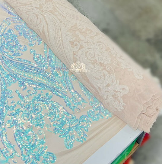 Big Damask Sequins Fabric - Aqua/Blue on Blush Mesh 1 - 4 Way Stretch Damask Sequins Design Fabric By Yard
