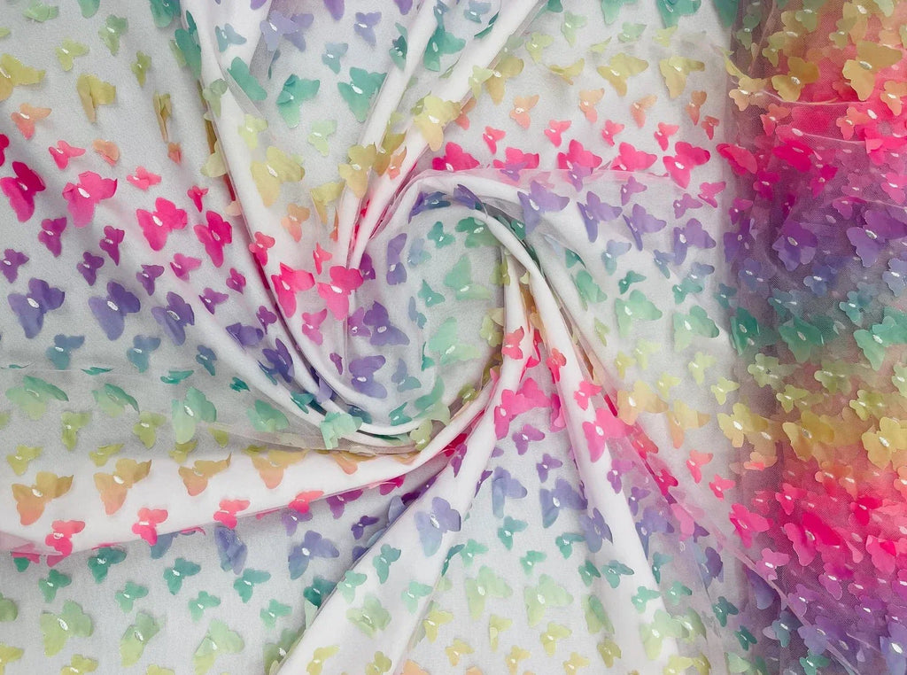 3D Butterfly Design Lace - Rainbow - Embroidered Lace with 3D Butterfly Design By Yard